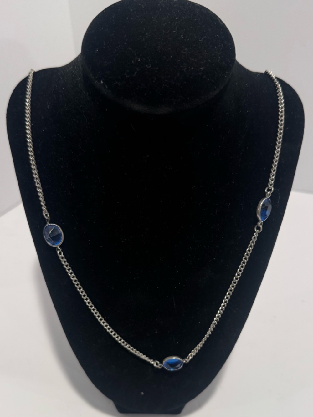 Vintage Coro Blue Glass Station Necklace Silver Tone Long Chain Faceted Stones